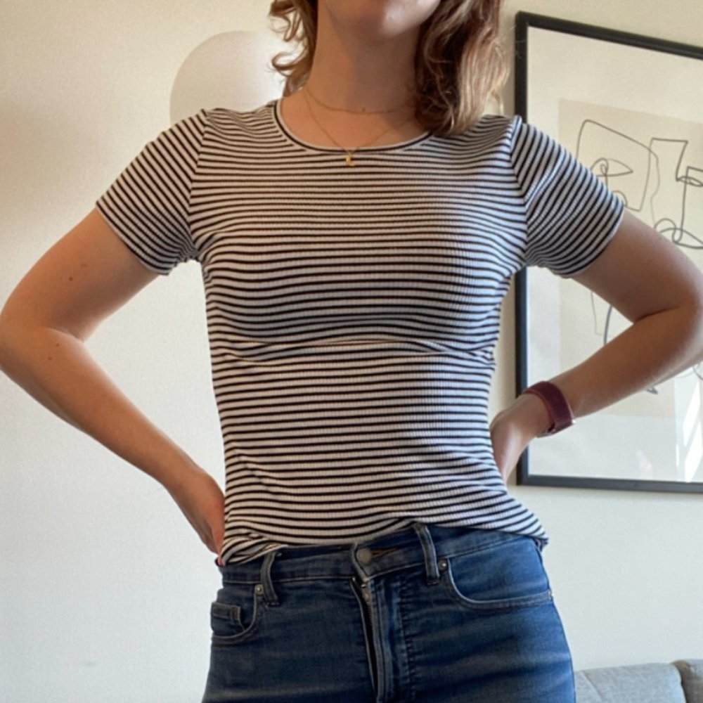 Striped short sleeve boat neck top